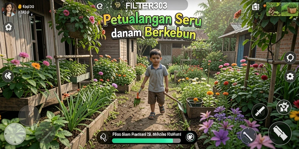 Tangkapan layar dari gameplay FILTER303 menampilkan aktivitas pertanian yang seru.