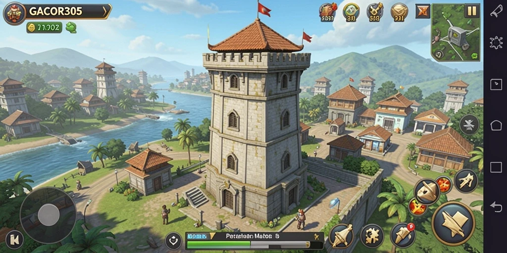 Screenshot gameplay GACOR305 yang menunjukkan pertahanan menara yang strategis.