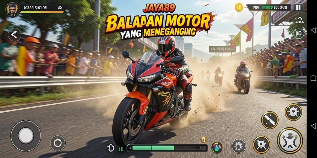 Tampilan gameplay JAYA89 dengan balapan motor yang penuh aksi.