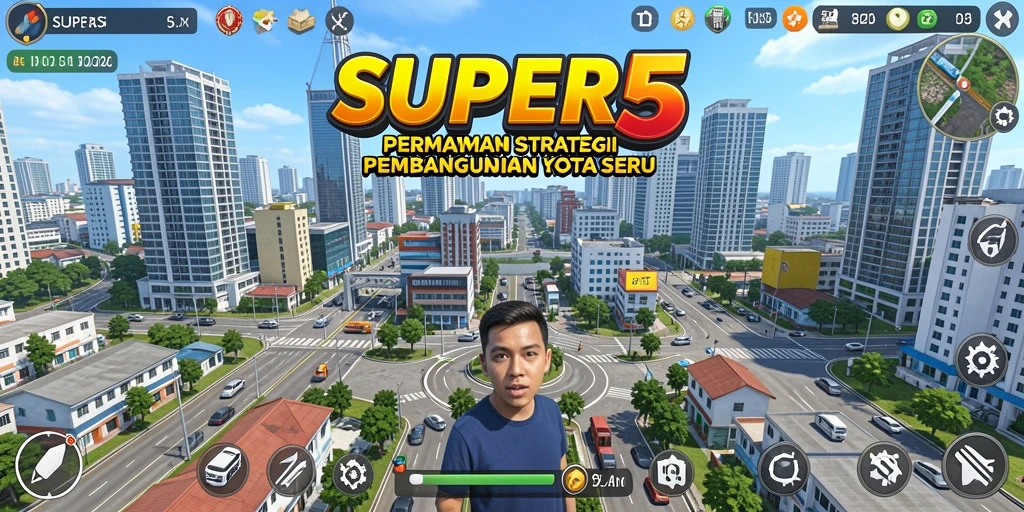 Tampilan gameplay SUPER5 dengan pembangunan kota yang dinamis.