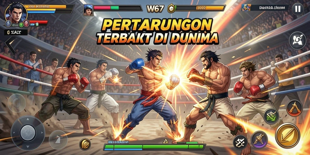 Tampilan seru gameplay aksi pertarungan W67 yang menegangkan.